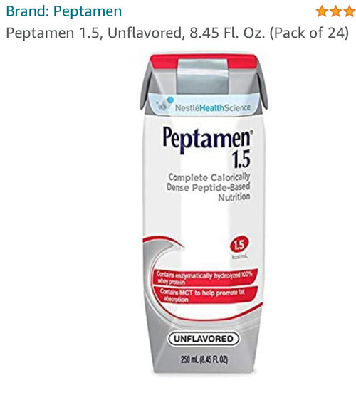Peptamen 1.5 Unflavored 250ml carton — complete Tetra Pak packaging showing front label with 1.5 kcal/mL badge