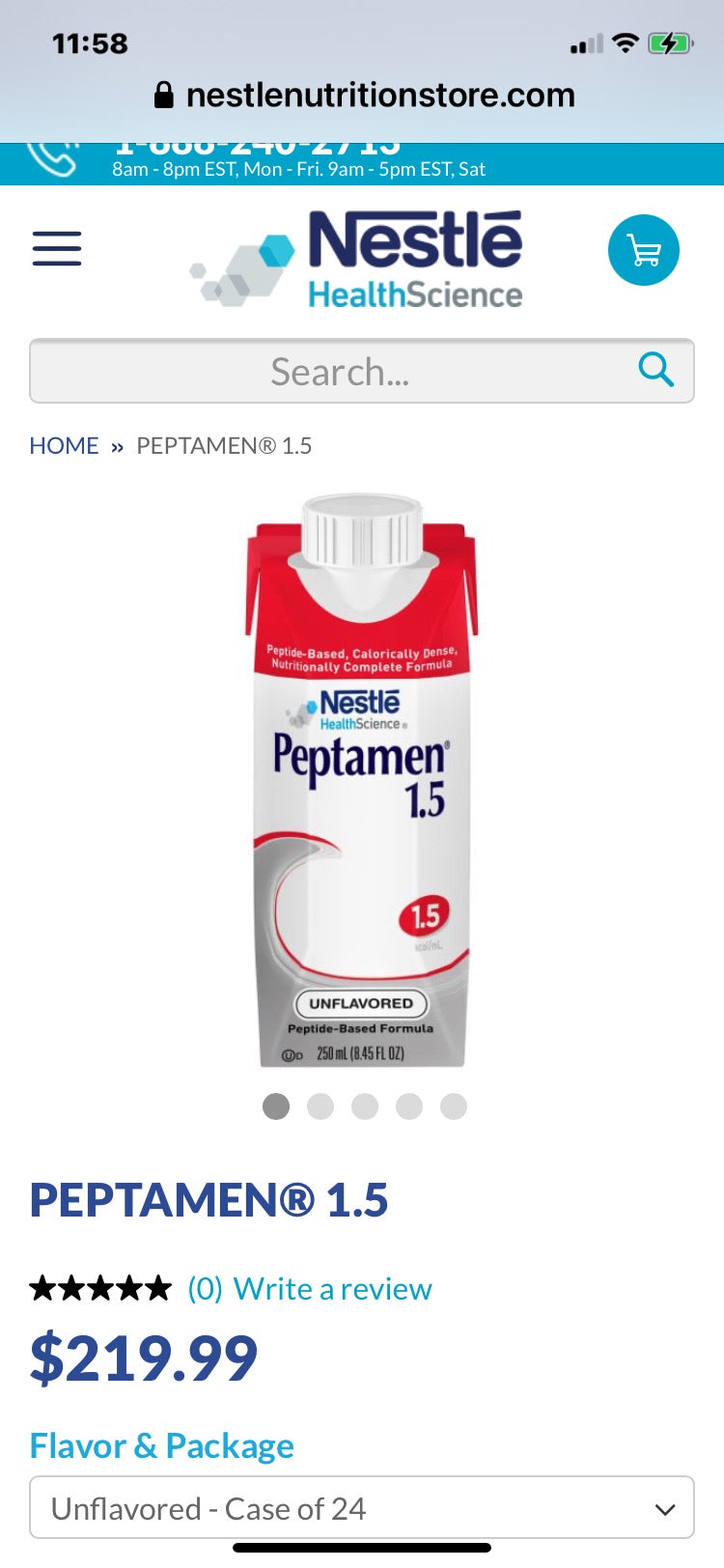 Peptamen 1.5 Unflavored 250ml carton — Nestlé Health Science tube feeding formula, single carton view